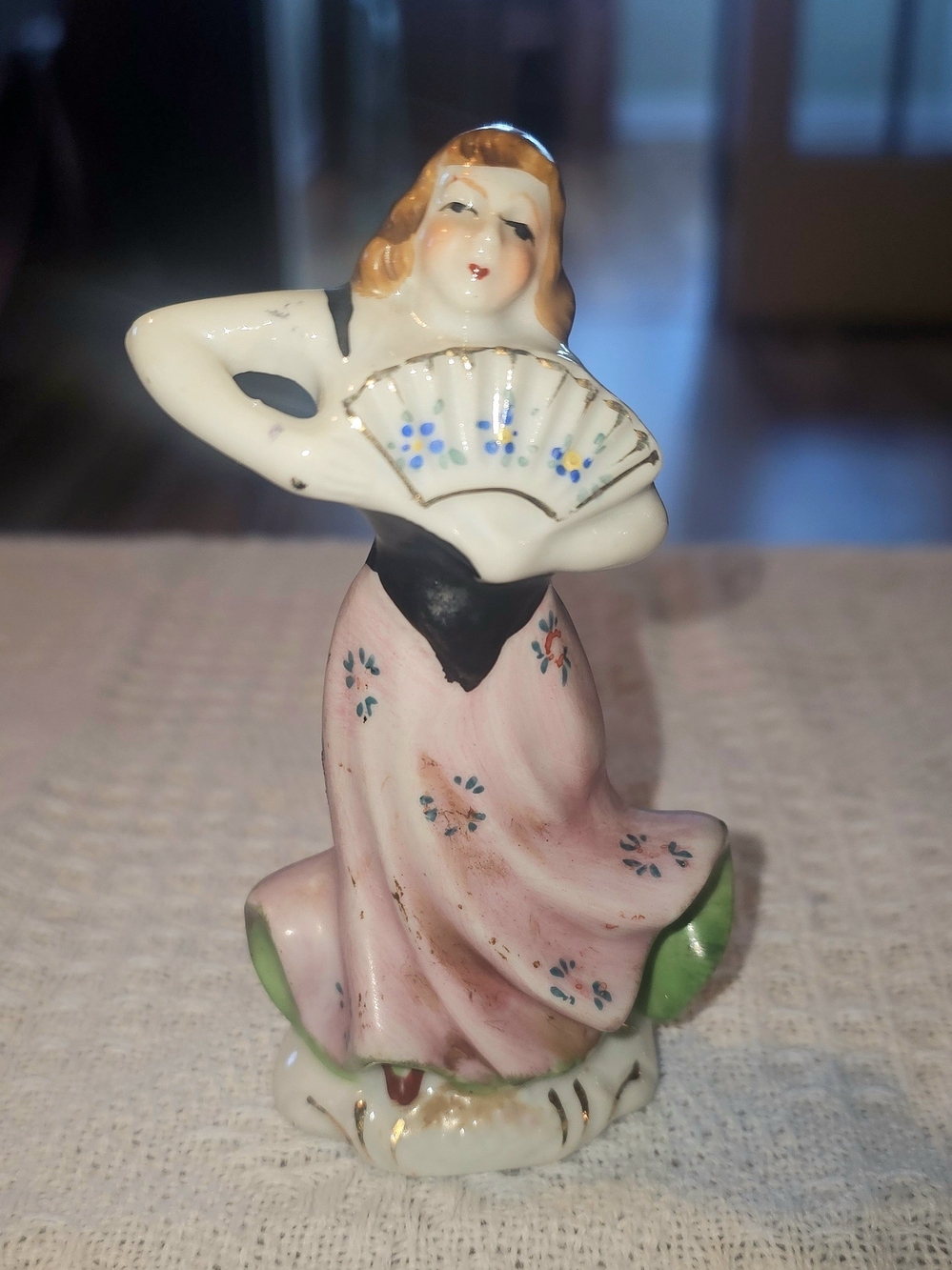 Vintage 1950's Japan Hand-Painted Pink Porcelain Dancer Figurine with Fan